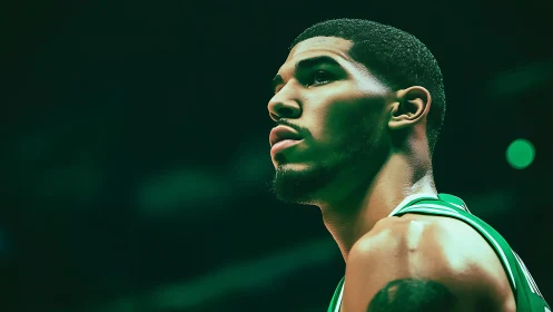 Green-lit courtside gladiator studies the distant scoreboard