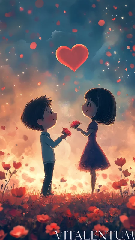 Two Silhouettes Exchange Blooms Beneath Luminous Heart.