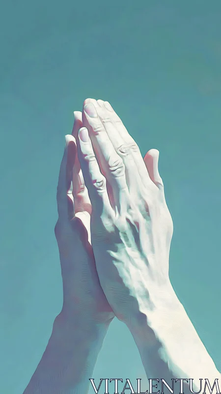 Joined hands rise gently toward a soft and peaceful sky