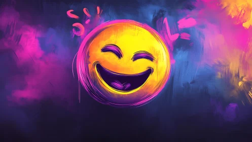 Radiant laughing emoji glowing in neon painted clouds.