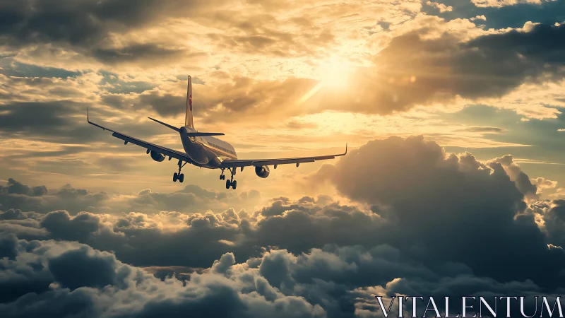 Passenger jet descends through dense sunset cloud layers