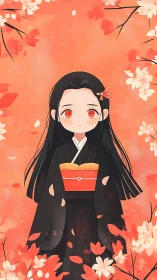 Girl in black kimono amid orange and white blossoms.