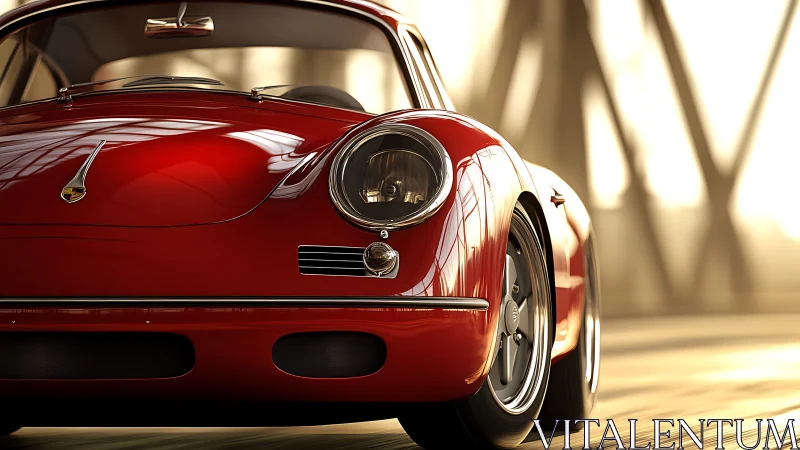 Scarlet classic coupe basking in honeyed bridge light.