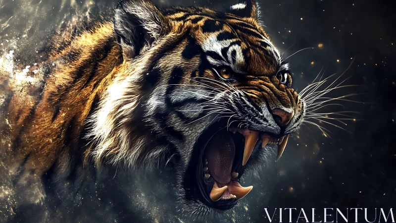 Roaring tiger portrait with intense detail and motion blur.