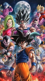 Dragon Ball heroes gathered in fiery cosmic battle scene.