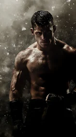 Moody portrait of muscular boxer emerging from darkness.