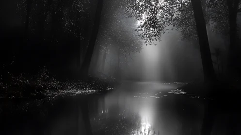 Monochrome forest river under dramatic volumetric light.