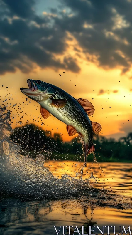 Leaping game fish against blazing golden lake sunset sky.
