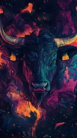 Fiery neon bull head emerging from swirling cosmic void