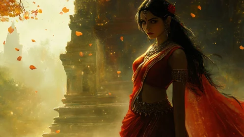 Mystical woman in red saree stands before luminous temple ruins