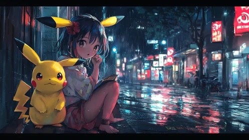 Anime night street scene with girl and mascot in rain-soaked neon.