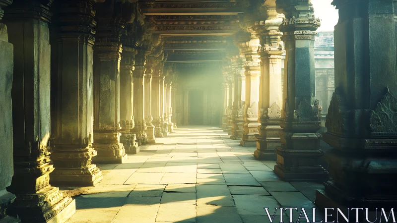 Sunlit stone colonnade in historic temple corridor interior