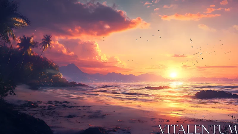 Sunset ignites a tranquil tropical shoreline in warm light