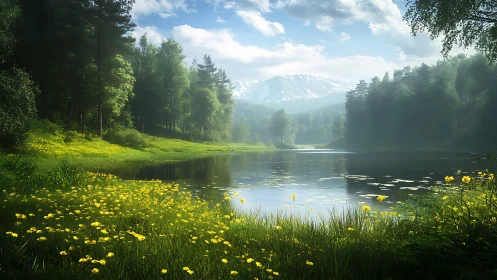 Serene mountain lake with wildflower meadow and forest edge.