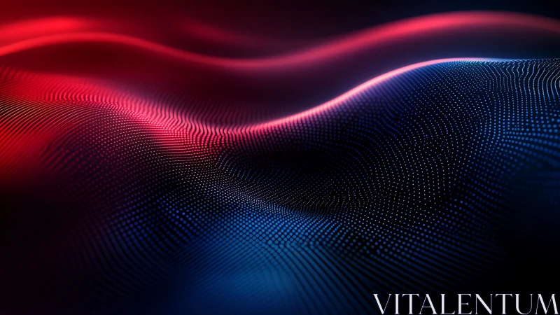 Neon particle waves form dynamic red blue digital landscape.