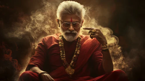Elder mystic in crimson robes with smoke, jewelry, and bokeh light.