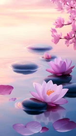 Serene lotus blossoms drift across pastel sunset waters