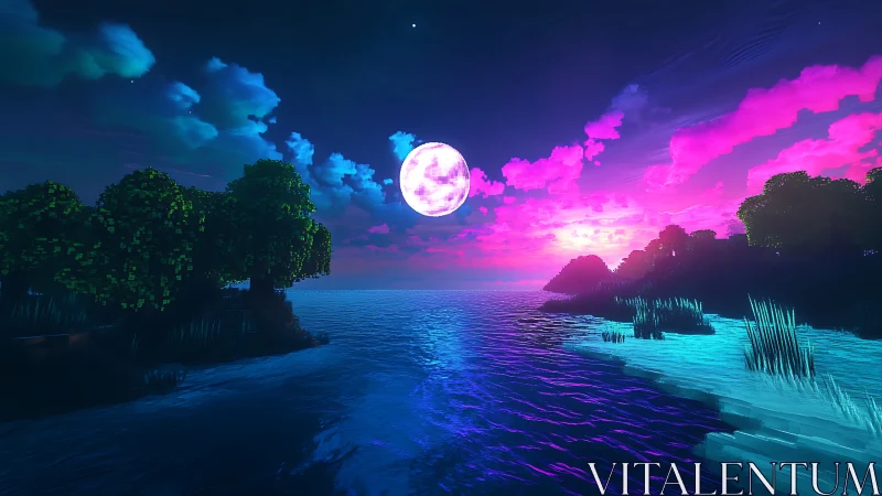 Neon Moon Rising Over Cyberpunk Waters at Dusk.