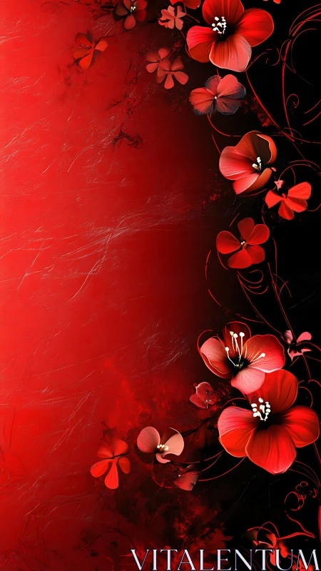 Red Flowers on Dark Background with Decorative Vines.