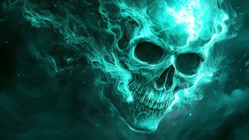 Glowing spectral skull formed from swirling cyan flames.