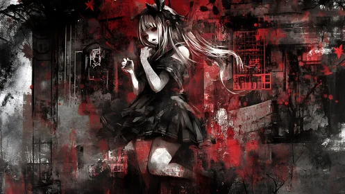 Dark anime girl in red and black grunge urban chaos.