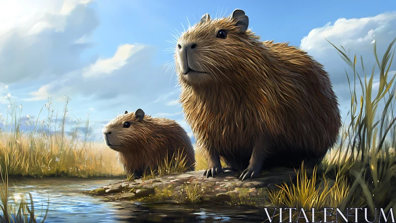 Capybaras stand by calm riverside under clear blue sky