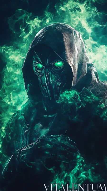 Hooded cyber-reaper with neon eyes emerges through viridian smoke