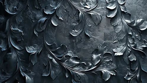 Ornate metallic foliage carving on dark textured wall.