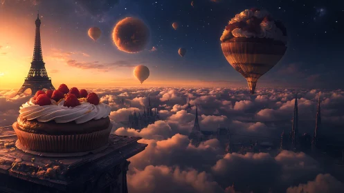Atmospheric Parisian pastryscape with levitating dessert flotilla.