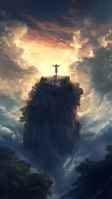 Solitary figure crowns a cloud-piercing summit at radiant dawn