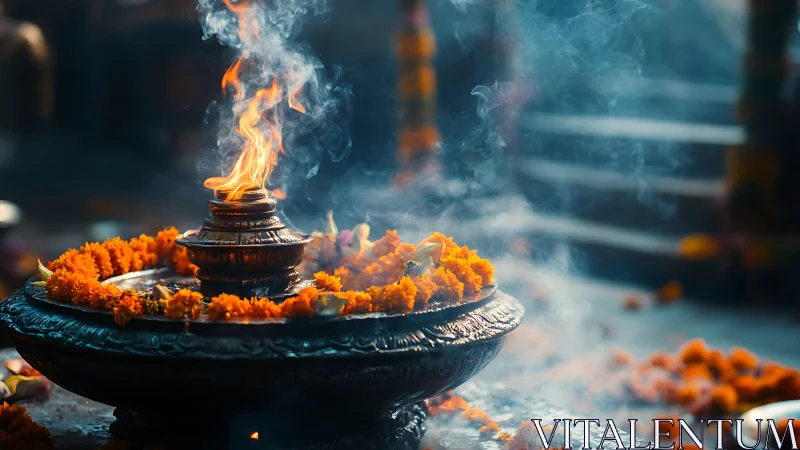 Sacred brass incense flame amid marigold offering wreath