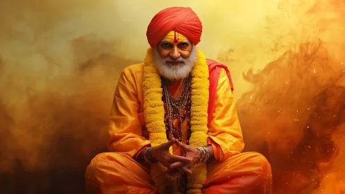Elderly holy man in orange robes against warm smoke backdrop.