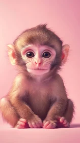 Hyperreal baby monkey portrait on seamless pastel pink ground
