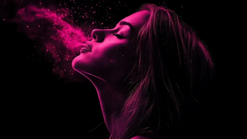 Side profile portrait with neon magenta particle breath.