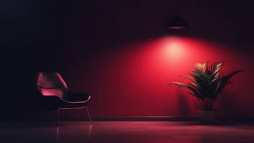Crimson hush lounge with lone chair and spotlighted palm.