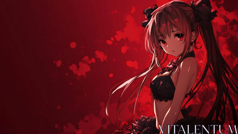 Crimson twilight girl poised in shadows of blooming scarlet.