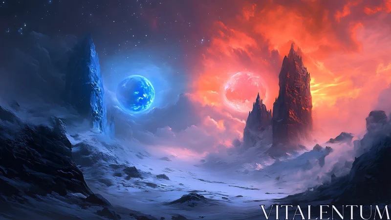 Bipolar exoplanet skyline with thermal duality and nebular veils.