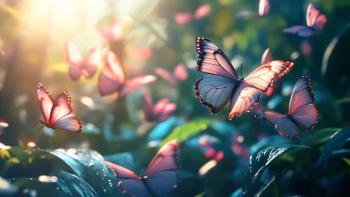 Iridescent pink butterflies drift through cinematic forest light.