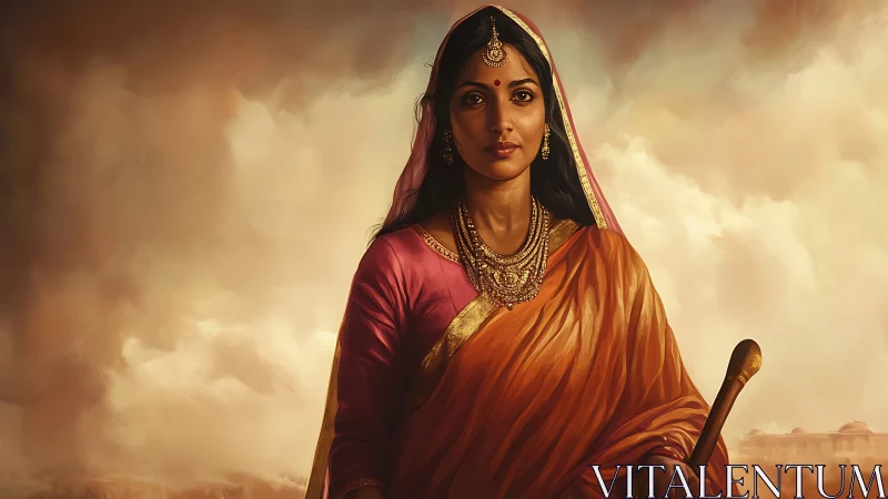 Regal Indian Woman in Traditional Attire, Dramatic Digital Art.