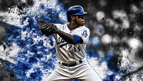 Dynamic baseball batter poised on bold grunge backdrop.