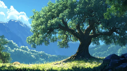 Ancient Tree in Alpine Valley: Rendered Digital Landscape.