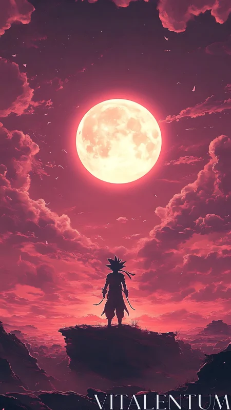 Silhouetted figure beneath large full moon on red plateau.