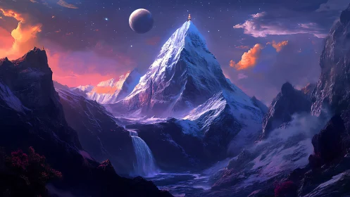 Starlit pinnacle and cosmic waterfall in violet dusk realm.
