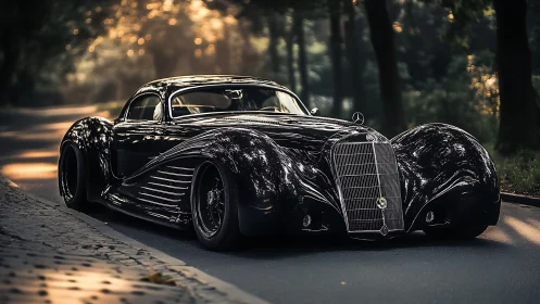 Midnight streamliner coupe prowls a sun-dappled forest road.