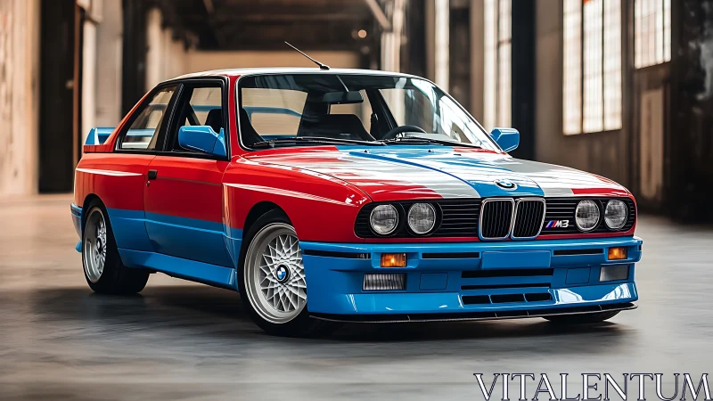 Retro BMW M3 warrior in racing tricolor armor stands ready.