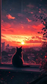 Silhouette cat watches glowing city sunset through window.