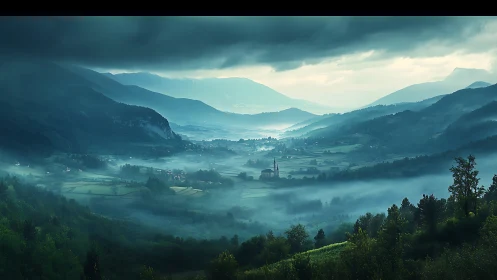 Foggy mountain valley with village and distant church.