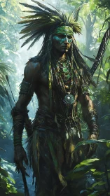 Warrior shaman strides through misty jungle in full regalia.