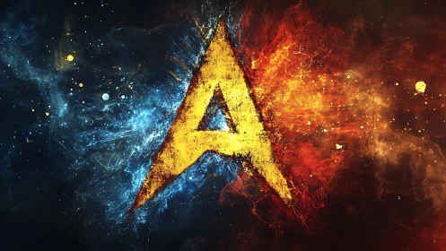 Fiery golden letter A divides swirling blue and red energy.