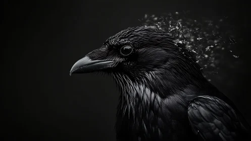 High-contrast raven portrait with particle dispersion effect applied